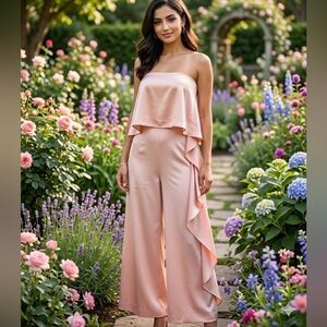 Rose Satin Mestiza-Style Jumpsuit | Elegant Strapless Wide-Leg size 6